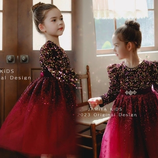 JA专柜品牌25秋冬女童圣诞新年丝绒亮片网纱星空连衣裙公主裙礼服