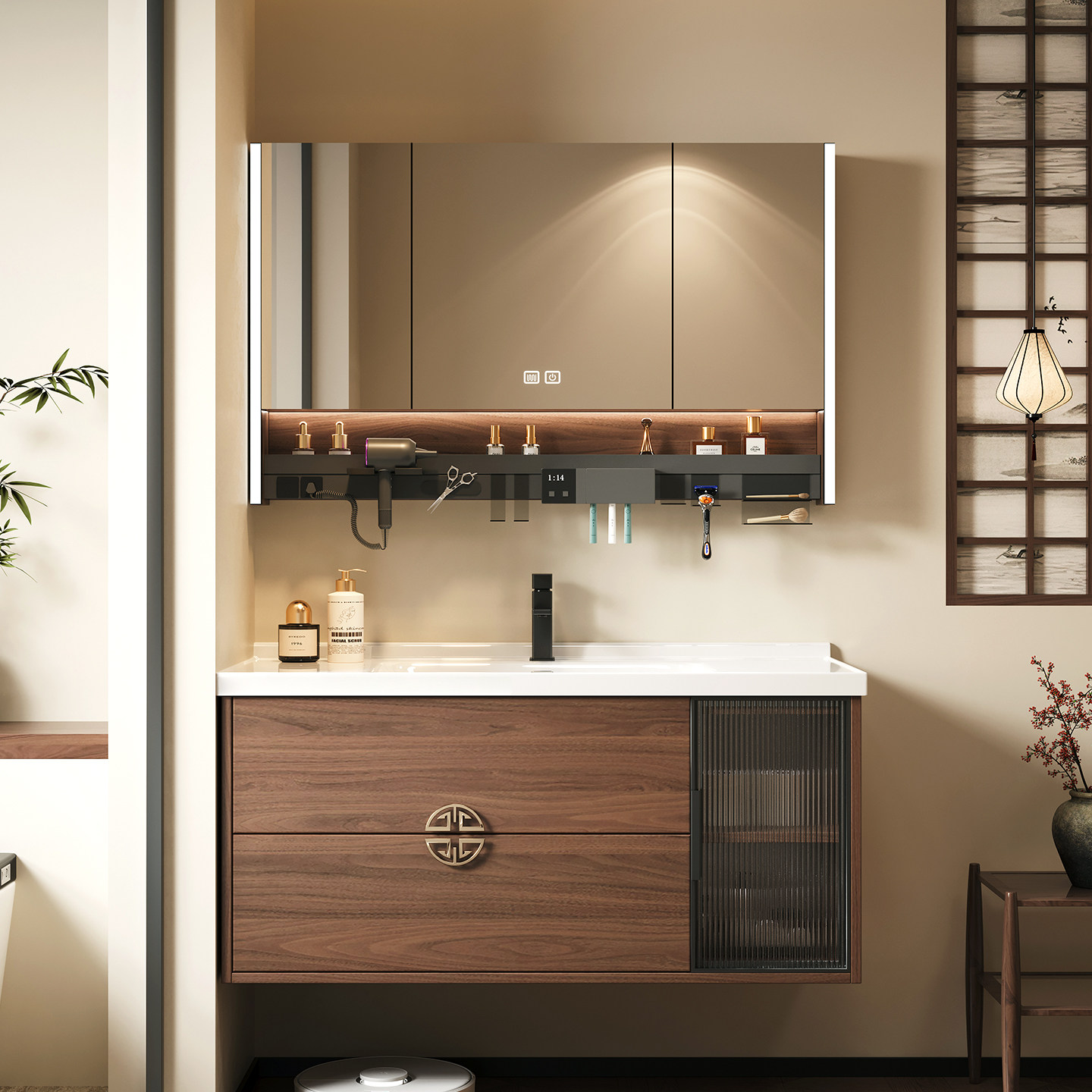 卫生间新中式浴室柜洗脸陶瓷一体盆实木洗手盆柜组合小户型洗漱台