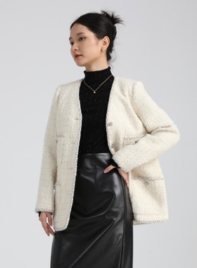 APSH懿千金早春小香风粗花呢中长款外套水晶织带羊毛法式重工箱型