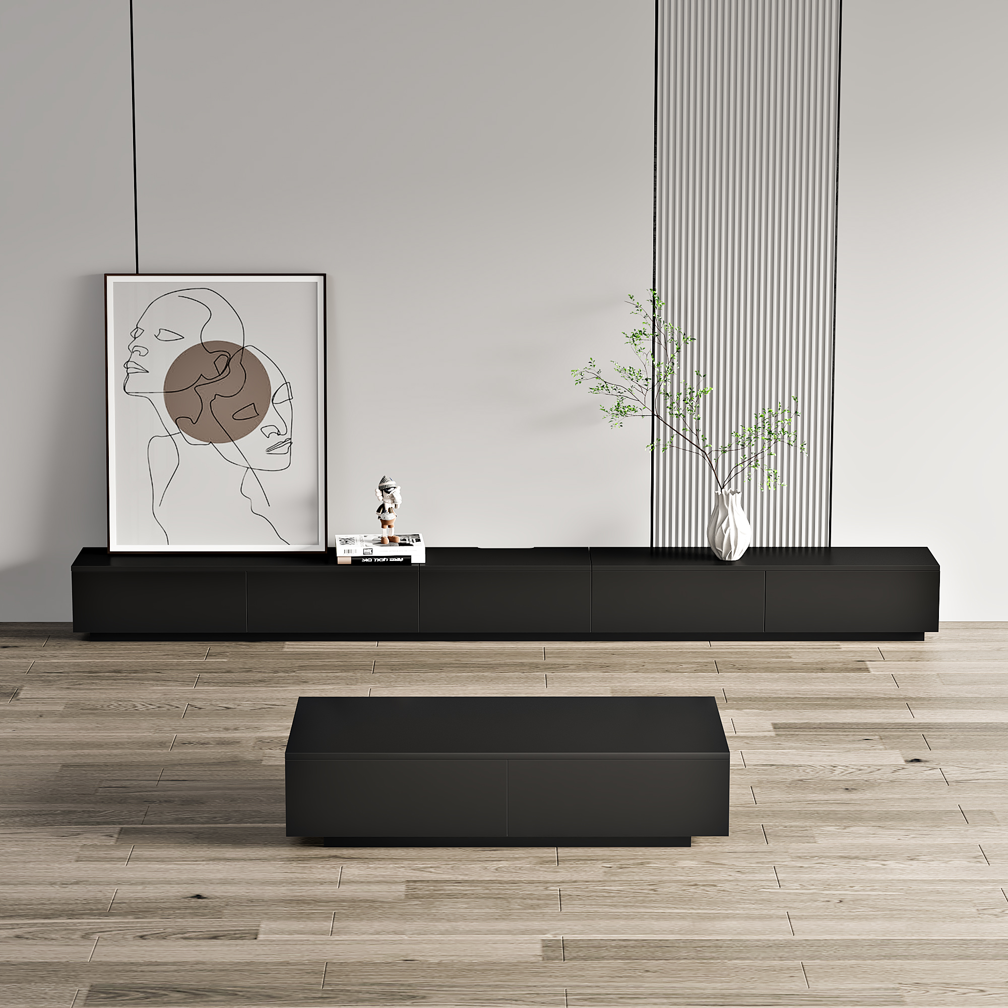 实木黑色轻奢电视柜茶几组合客厅家用落地2025新款隐藏设计收纳柜