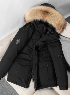 工装风毛领羽绒服男女中长款加厚保暖黑色外套