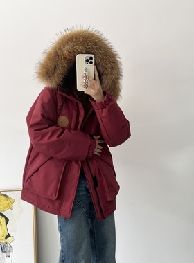 大毛领羽绒服女宽松工装风派克服户外加厚保暖外套情侣款