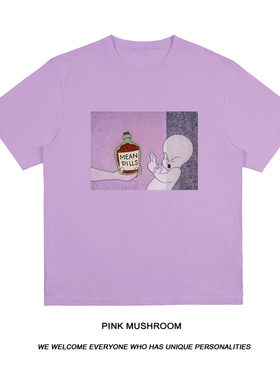 粉红蘑菇 紫色鬼马小精灵casper复古T恤夏卡通印花男女原宿上衣