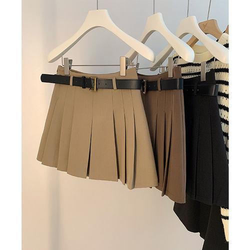 卡其色百褶西装半身裙女