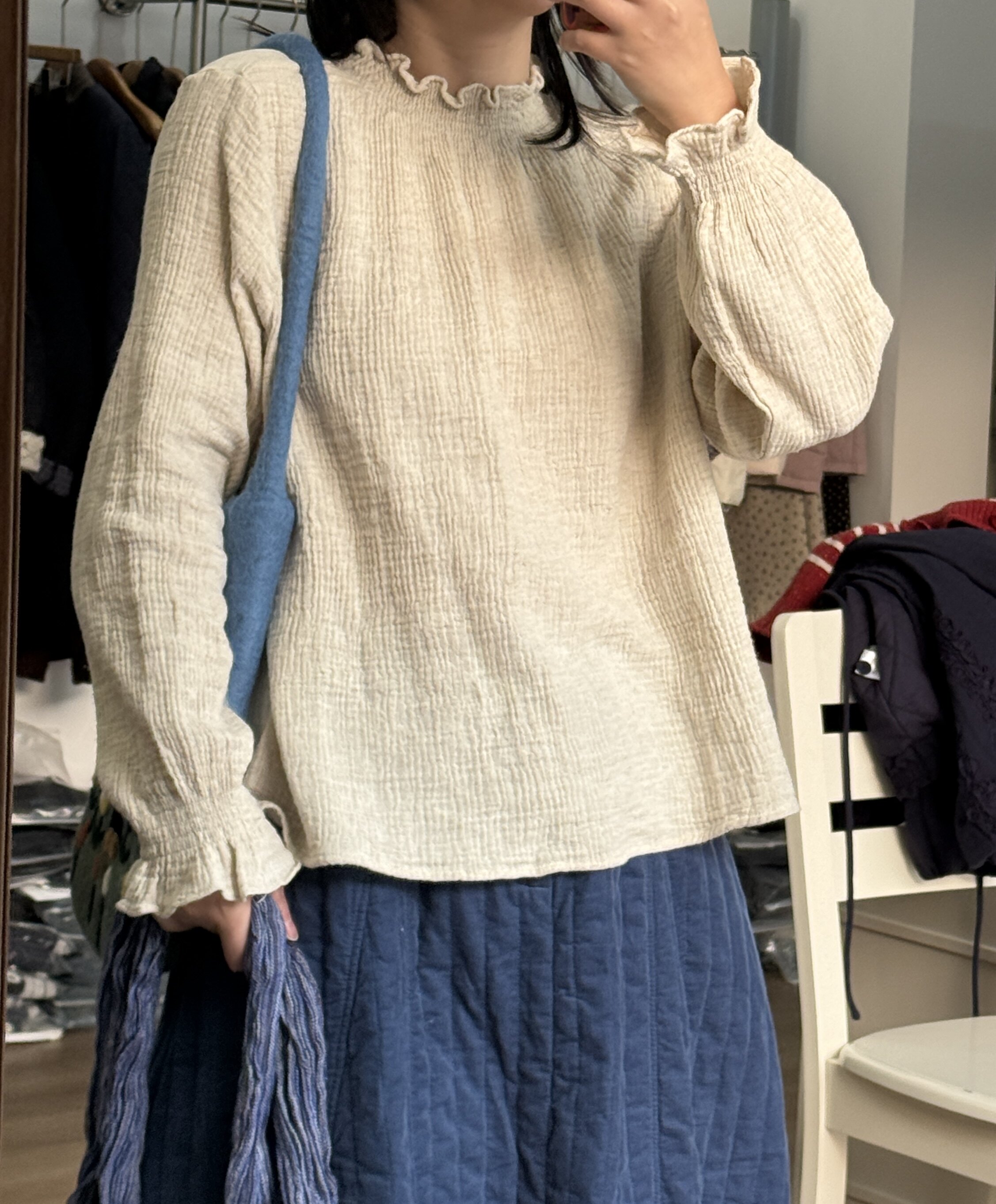2026春新款肌理感面料花边领口百搭纯棉小衫 文艺棉麻森系内搭