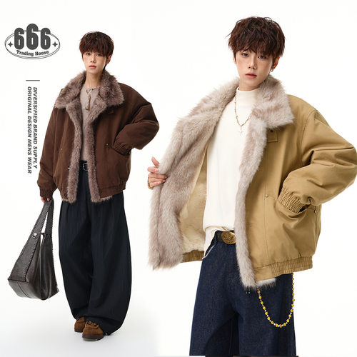 久鸣设计感座山雕毛领复古棉服男宽松冬季加绒保暖防寒外套HY8700
