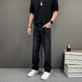 简约水洗做旧黑灰色牛仔裤 休闲高街痞帅阔脚裤 男款 宽松直筒长裤
