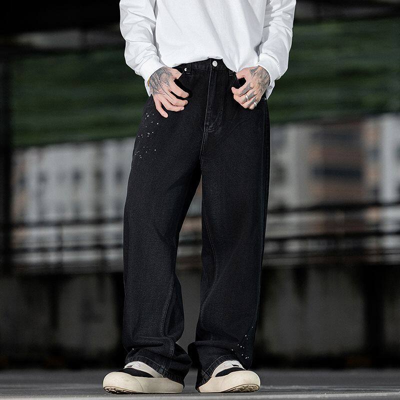 做旧磨破黑牛仔裤弯刀牛仔裤男秋季美式复古直筒水洗休闲阔腿长裤