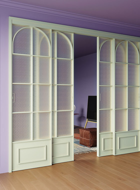 绿色法式复古推拉门三联动卫生间厨房阳台卧室吊轨平移门玻璃隔断