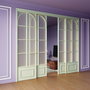 绿色法式复古推拉门三联动卫生间厨房阳台卧室吊轨平移门玻璃隔断