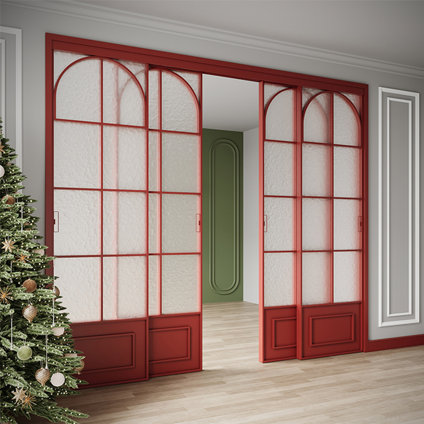 定制法式复古新款红色三联动推拉门厨房客厅阳台门铝合金吊轨移门