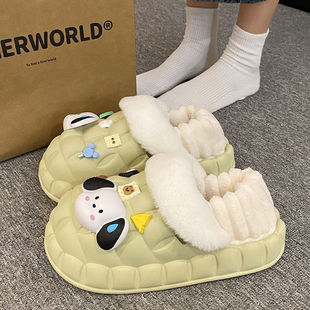 可拆卸棉拖鞋 女冬防水居家厚底加绒包跟学生宿舍可爱室内保暖棉鞋