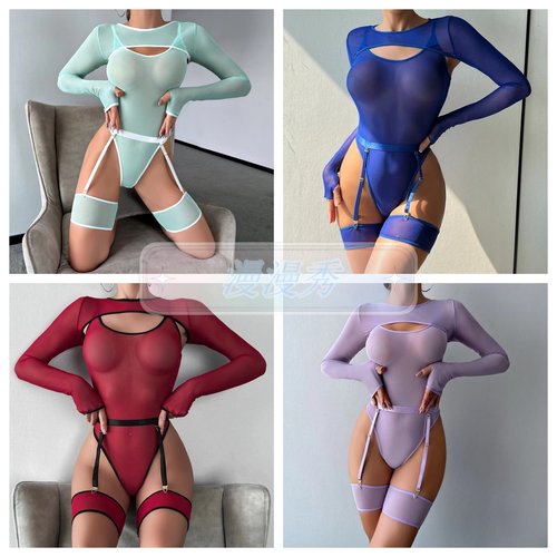 连体衣三件套网纱透视撞色吊带