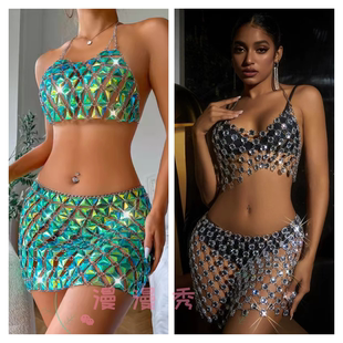 亚克力拼接吊带衣短裙音乐节套装 夜店幻彩宝石挂脖镂空背心舞台服