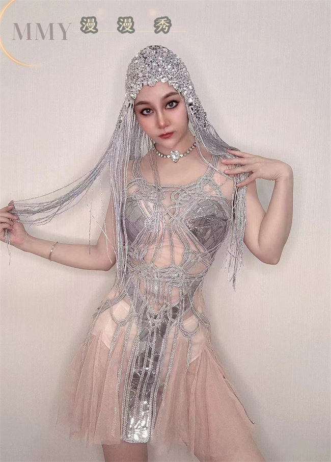亮片麻绳银色纱裙肉色底性感夜场DS舞蹈队演出服现代韩舞舞台服装