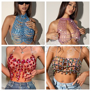 欧美性感镂空辣妹背心宝石挂脖露背吊带亚克力爱心亮片露脐身体链