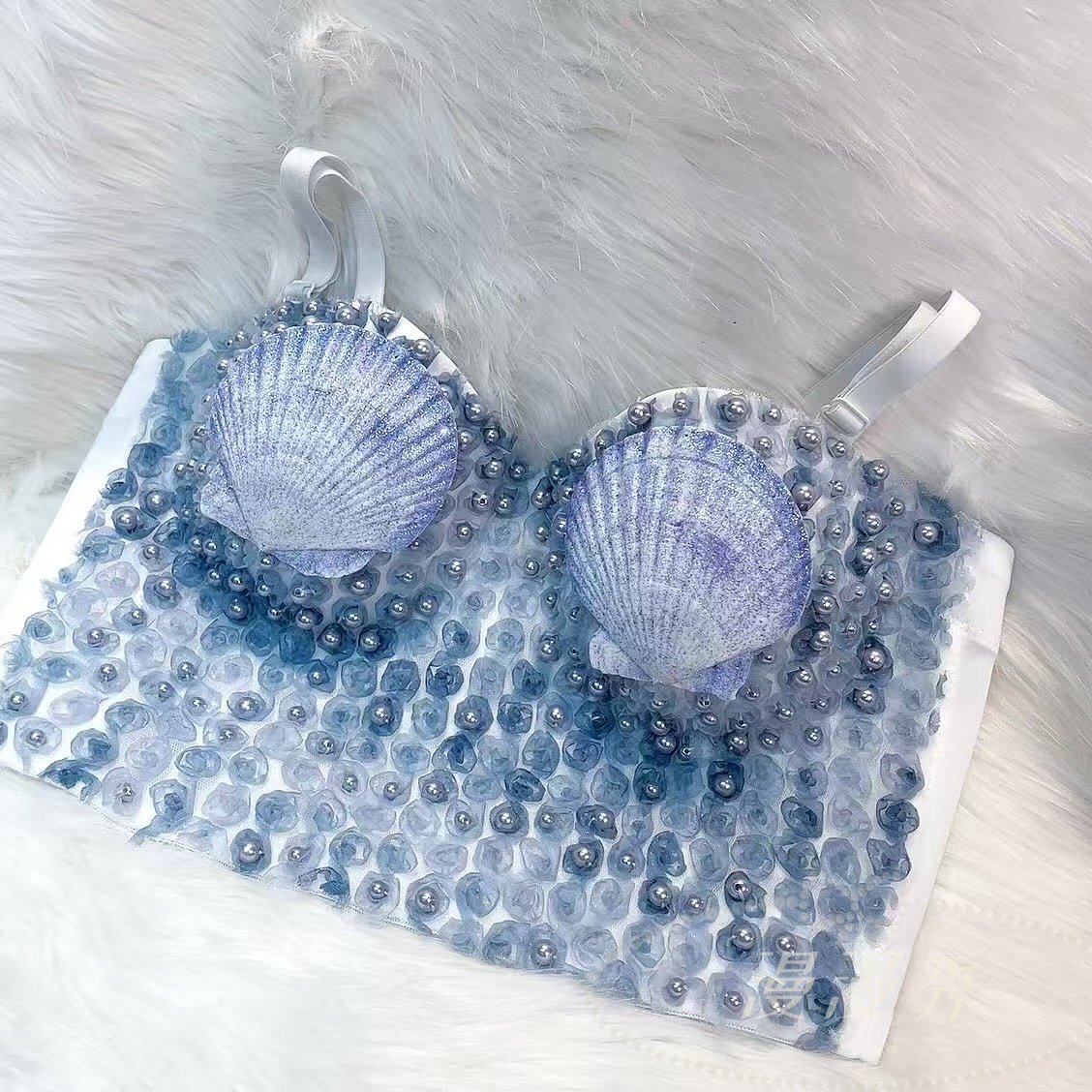 欧美渐变蓝色蕾丝百搭抹胸碎花清新甜美鱼骨吊带背心钉珠防走光