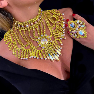 金灿灿水钻金属金色夸张舞台礼服晚会欧美网格大项链套链杂志款