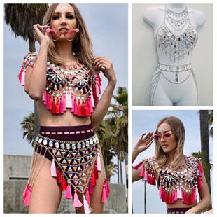 金属水钻组合链音乐节闪亮文胸链套装 性感亚克力身体链舞台服