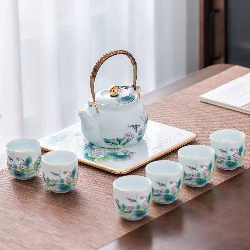 景德镇陶瓷茶具套装粉彩提梁壶中整套茶具