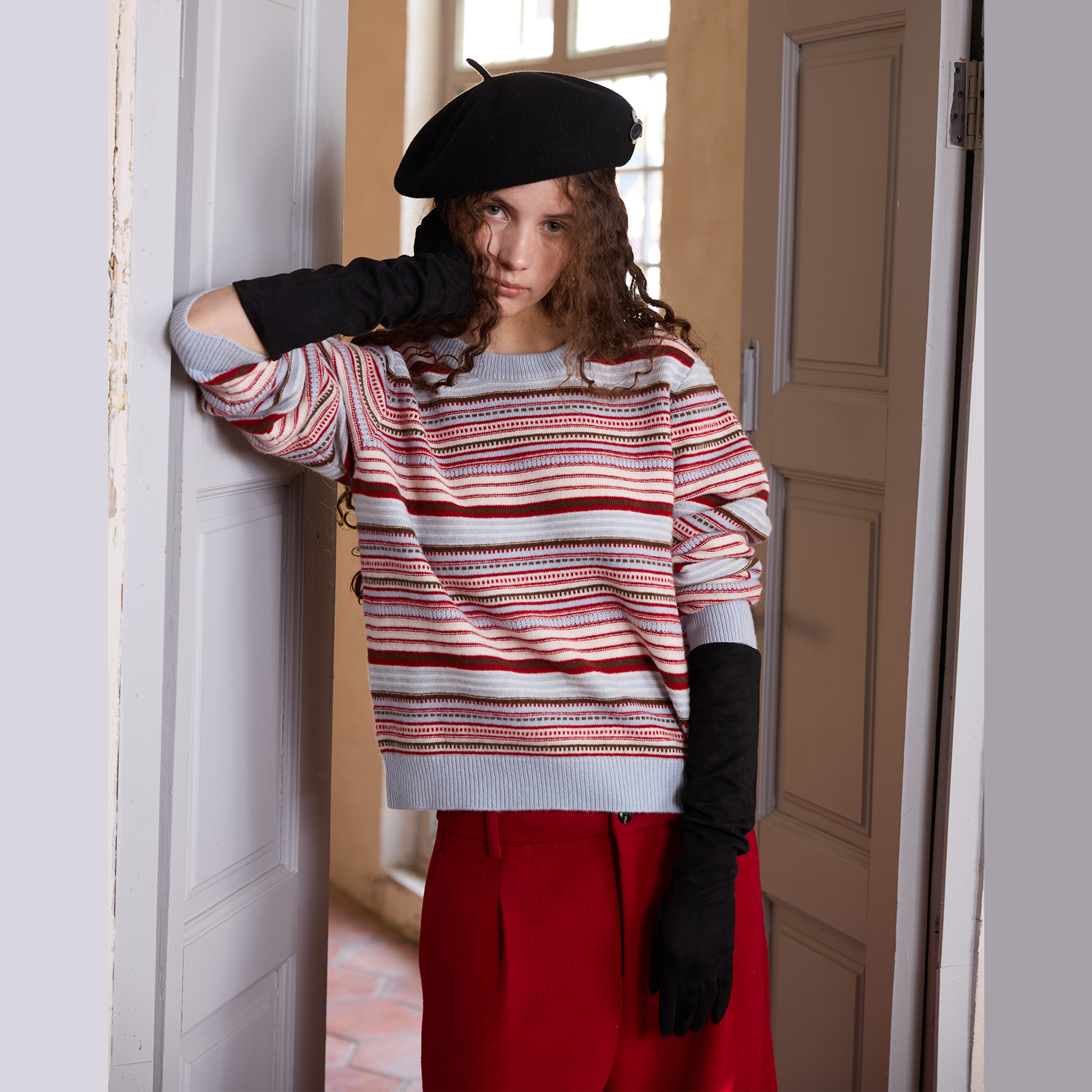 NOEND25/条纹赋新全毛圆领加厚长袖套头多彩撞色针织衫