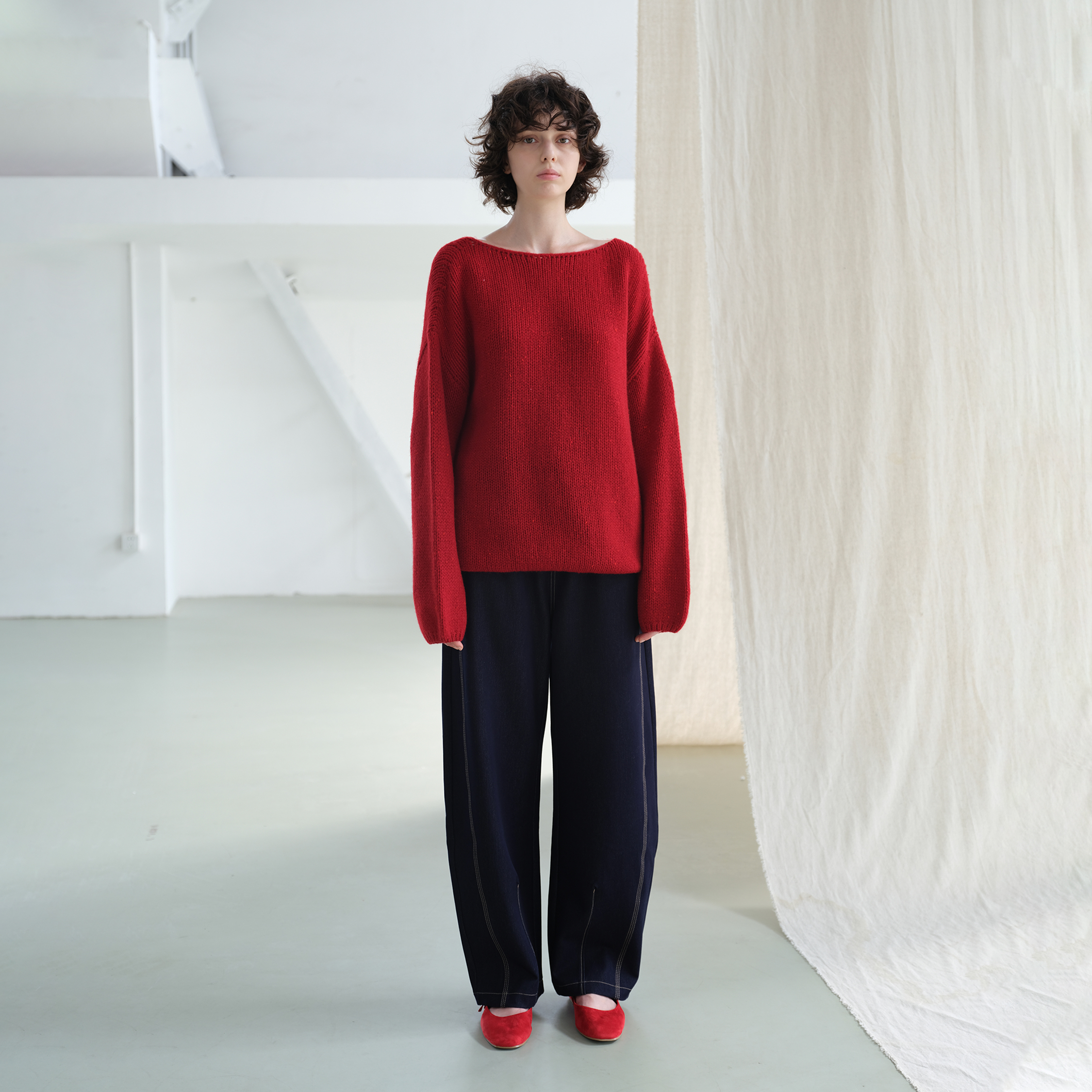 NOEND 24AW纯羊毛一字领休闲宽松红色毛衣针织衫上衣