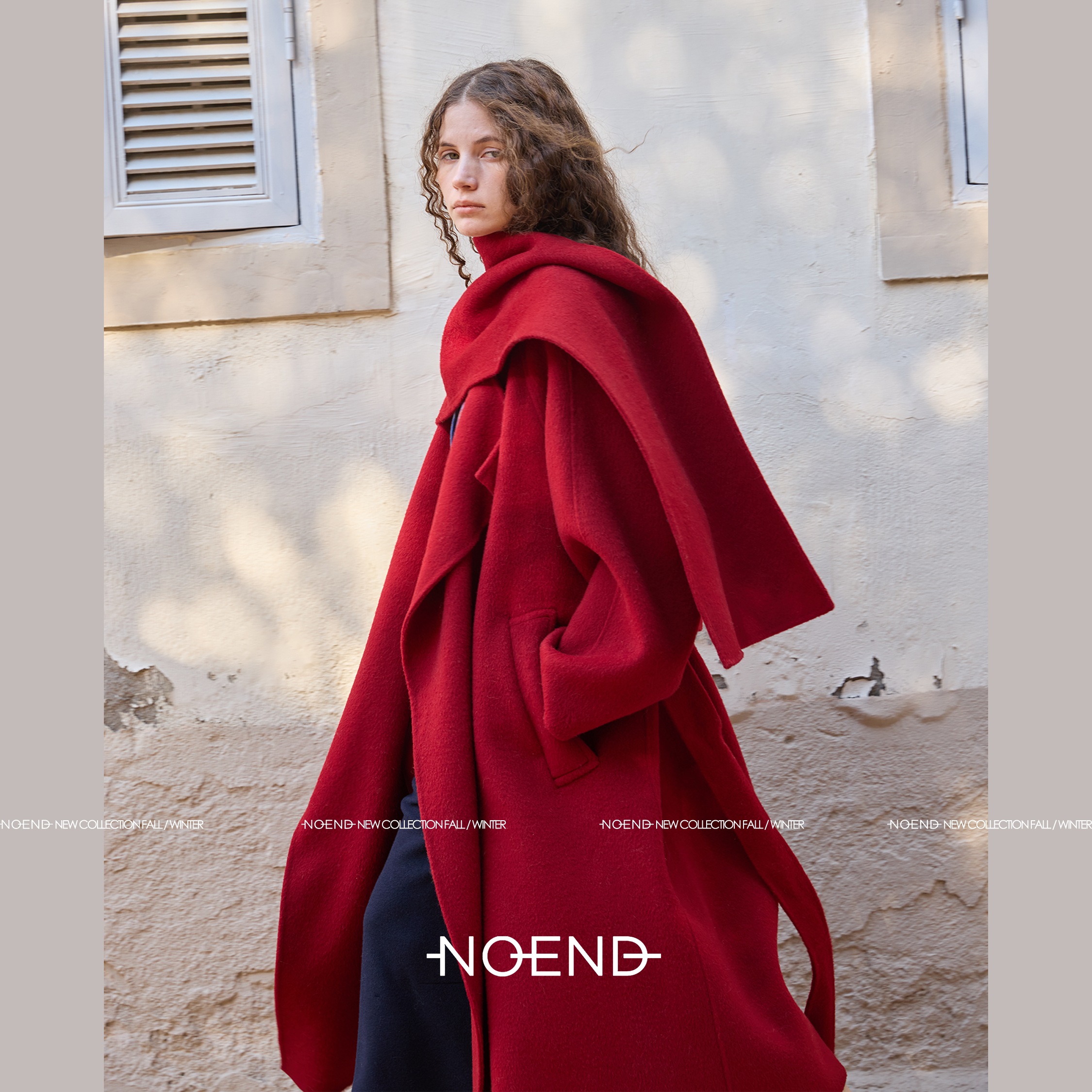 NOEND25圣诞新年氛围感全毛围巾荡领宽松廓形红色双面长款大衣