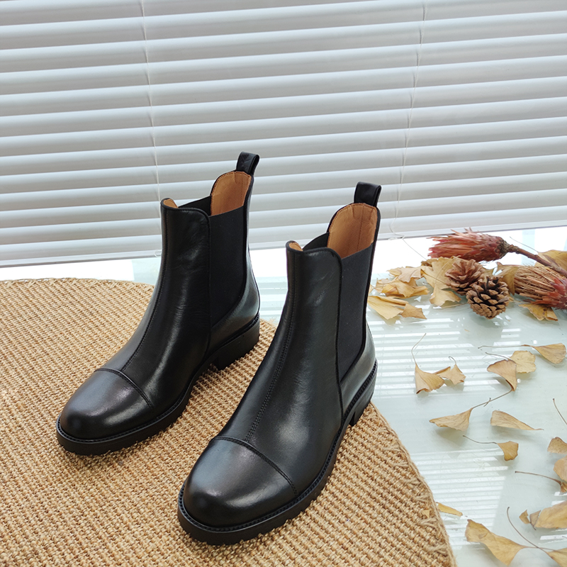 独佳丑手工鞋圆头切尔酉一脚蹬显瘦静音防滑轮胎底牛皮骑士女靴