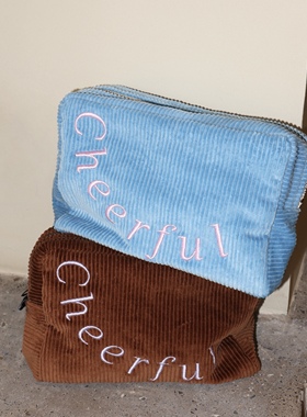 SunsetPark「Cheerful」复古灯芯绒刺绣简约大容量便携收纳化妆包