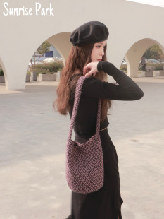 SunsetPark「黑莓慕斯」原创复古小众编织毛呢秋冬单肩水桶布包女