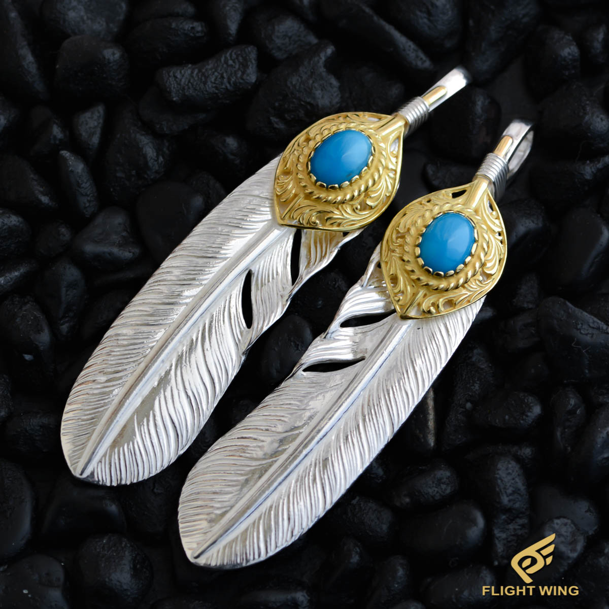 日本正品lakey上金松石羽毛xl特大羽毛项链吊坠男女日本手工银饰