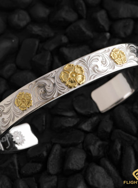 日本正品LaKey唐草樱花三点金平打手镯三花平打手镯男女日本银饰