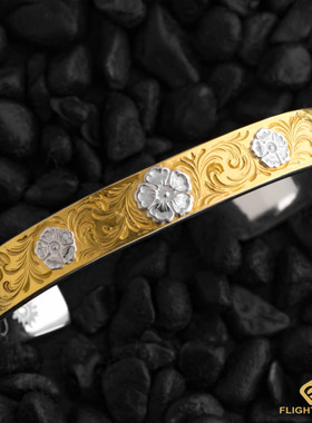 日本正品LaKey金银唐草三花平打手镯三花点银手镯男女日本银饰925