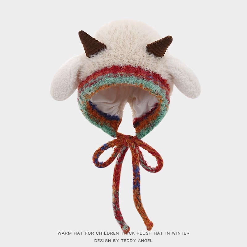 韩版可爱小羊儿童帽子秋冬季保暖加厚女童护耳帽男宝宝套头针织帽