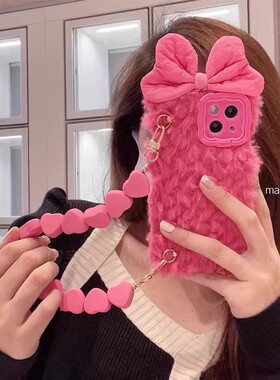 秋冬季毛绒时尚蝴蝶结手提oppo findx6/5/3手机壳12pro+/10s真我v50s适用realme gt neo6se/3/2t/gt5女款v30t