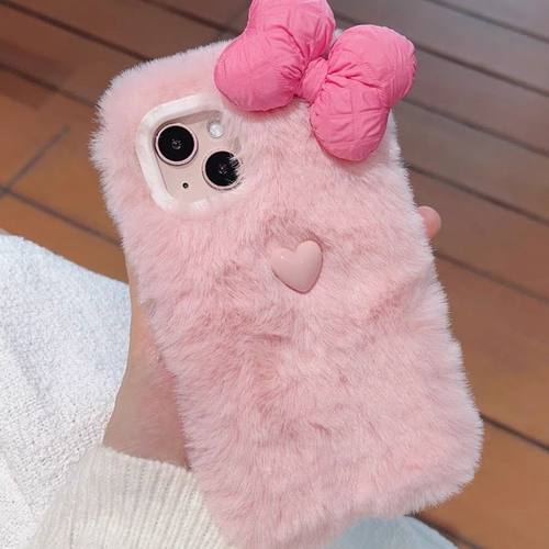 秋冬毛绒绒粉色蝴蝶结适用华为nova15pro/14/13/12se手机壳magic8/7pro/6荣耀play10c/9t/8T可爱7t女网红同款