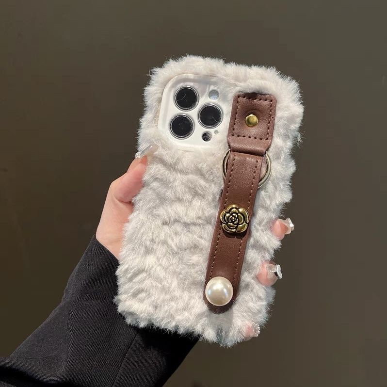 秋冬季y73s毛绒腕带皮质珍珠vivo y35m女IQOO13/12/11s时尚网红IQOONEO10/9s pro+/8/7/6/5手机壳iqooz9x/z8x