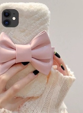 秋天冬款蝴蝶结15毛绒12mini苹果14plus白色女款适用iPhone17pro/16promax手机壳1+13/12/11一加ace5pro/3v/2