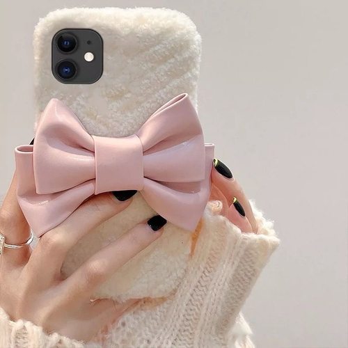 秋天冬款蝴蝶结15毛绒12mini苹果14plus白色女款适用iPhone17pro/16promax手机壳1+13/12/11一加ace5pro/3v/2