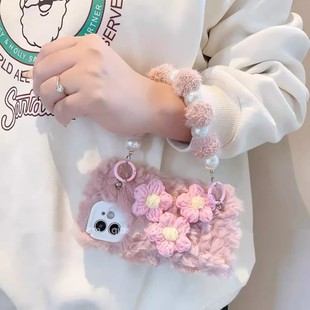 2pro 12一加ace3V 秋冬毛绒小众清新针织毛线花朵13mini手提绳16pro适用iPhone15promax手机壳14plus苹果11