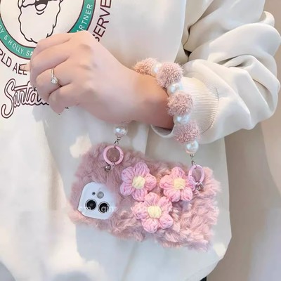 秋冬毛绒小众清新针织毛线花朵13mini手提绳16pro适用iPhone15promax手机壳14plus苹果11/1+12一加ace3V/2pro