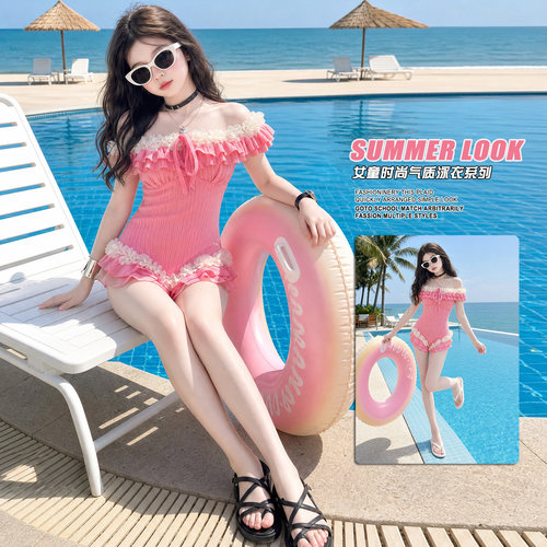 儿童荷叶边连体泳衣夏季防晒泳装女童花边游泳衣