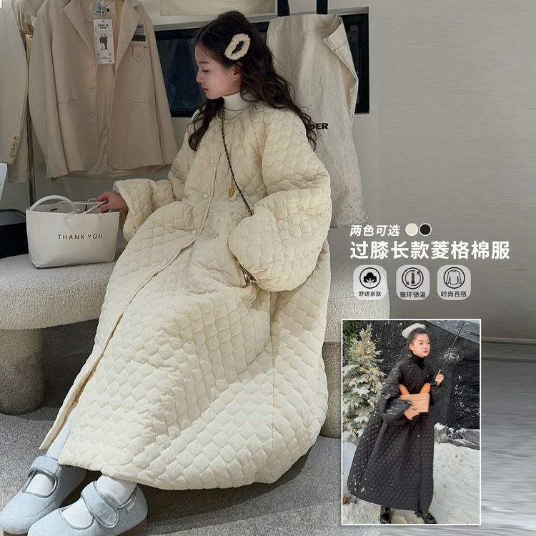 女大童时髦菱形格长款棉服秋冬季小女孩洋气设计感宽松棉被外套潮