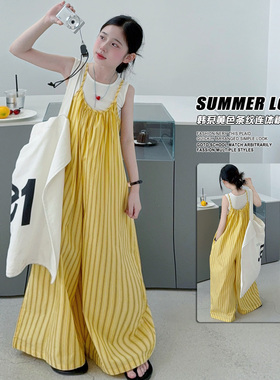 童装2026夏季柠檬黄色咖条宽松吊带亲子连体裤子女童