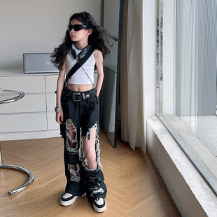 夏季 女大童阔腿裤 2025新款 子辣妹装 儿童炸街街舞裤 童破洞牛仔裤