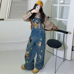 女孩大童裤 儿童多巴胺穿搭套装 子宽松 春秋2025新款 女童牛仔背带裤