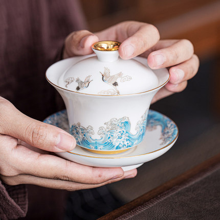 领艺祥鹤盖碗茶杯单个高档三才泡茶碗陶瓷家用德化白瓷功夫茶具