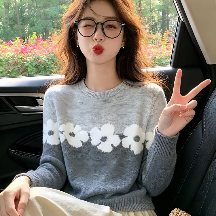 慵懒氛围感灰色毛衣上衣女2026秋冬小个子穿搭保暖显瘦长袖针织衫