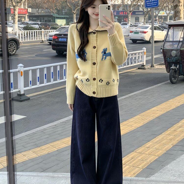 韩系小香风套装女2026新款秋冬淡人高知穿搭针织开衫牛仔裤一整套