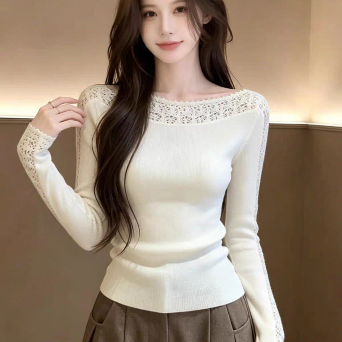 法式高级感白色一字领钩花镂空针织衫女春秋气质打底衫超好看上衣